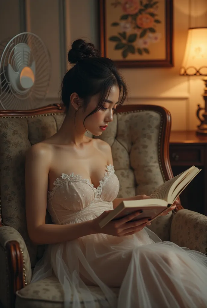 a beautiful Asian woman,hair in a bun,face down,wearing a small box reading glasses,stocky and sexy body,extreme big breasts like big balloons,clean white skin,wearing a soft transparant white big and short dress,sit very back in lounge chair,holding and r...