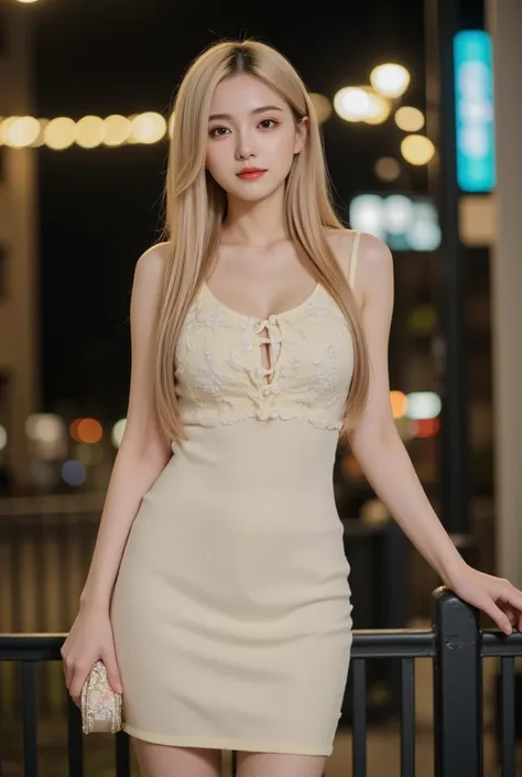 "A young woman with long, straight blonde hair stands confidently in a modern, illuminated setting at night. She wears a tight, elegant cream-colored dress with vest-like details. One hand rests on a fence, while the other holds a small handbag adorned wit...