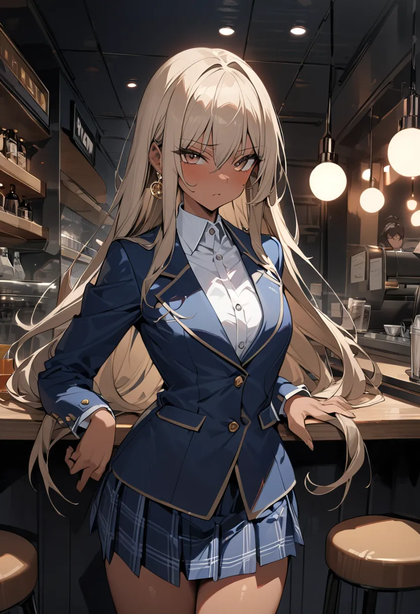 ((Greatest Masterpiece,Ultra High Quality:1.2)),(super resolution),(solo),cowboy shot,Night Cafe,Slender, small-breasted Yankee high school girl, beautiful face, healthy tan skin ,Light brown long hair,Perfect brown eyes, serious expression, high quality d...