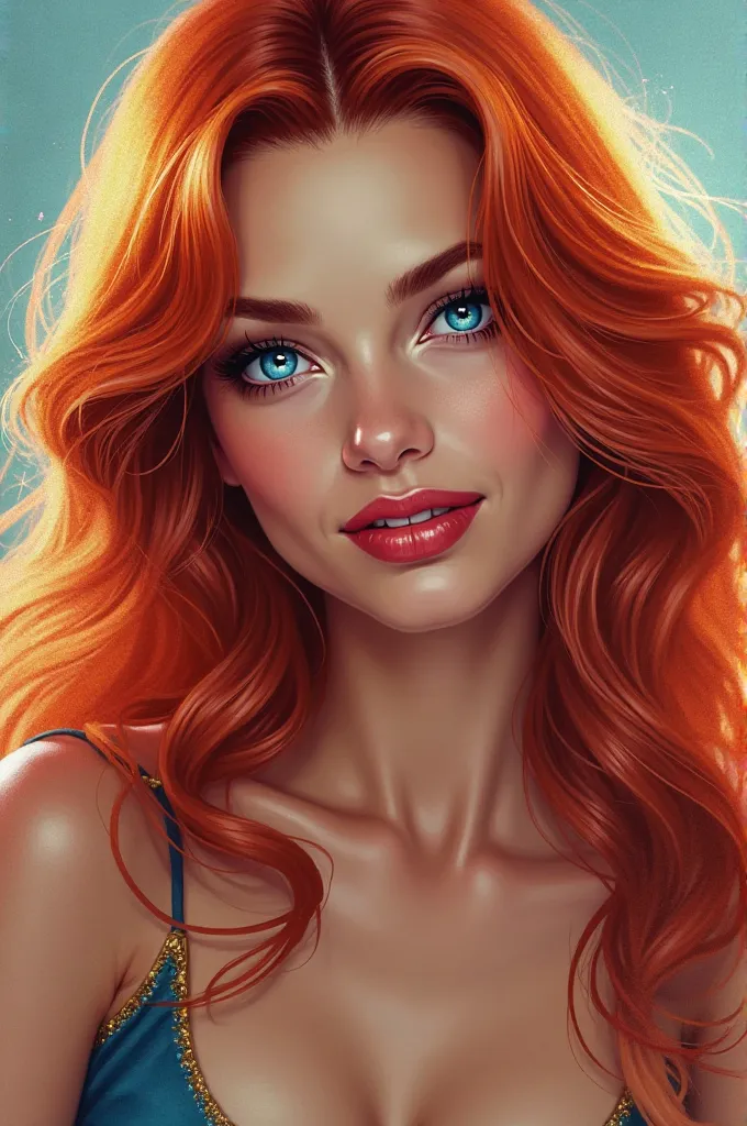 Graphic illustration of a smiling woman with bright red hair and blue eyes, glamour et sexy