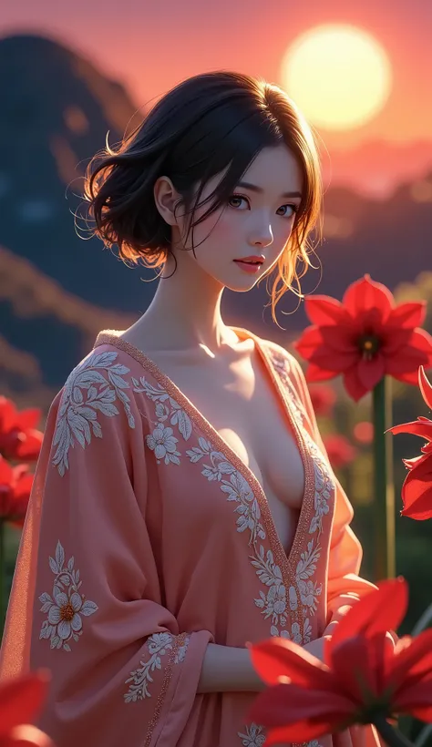 (A woman in a Chinese dress), fantastic, soft focus, moonlit night, red moon, bright red cluster amaryllis blooming all around.