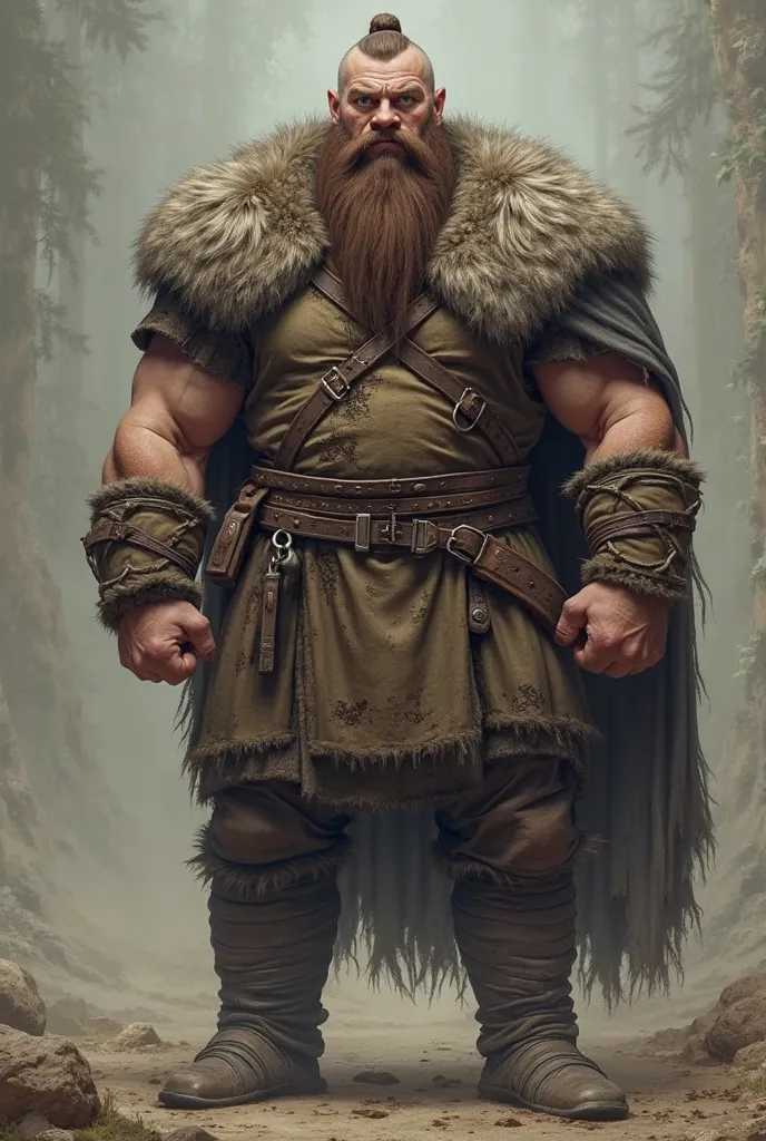 Vikings with brown hair, brown beard ,  Strong build , broad arms,  wide legs ,  wide shoulders. slave, Germanic clothing,  brown hair, blue eyes, pummelig, Doppelkinn, Small