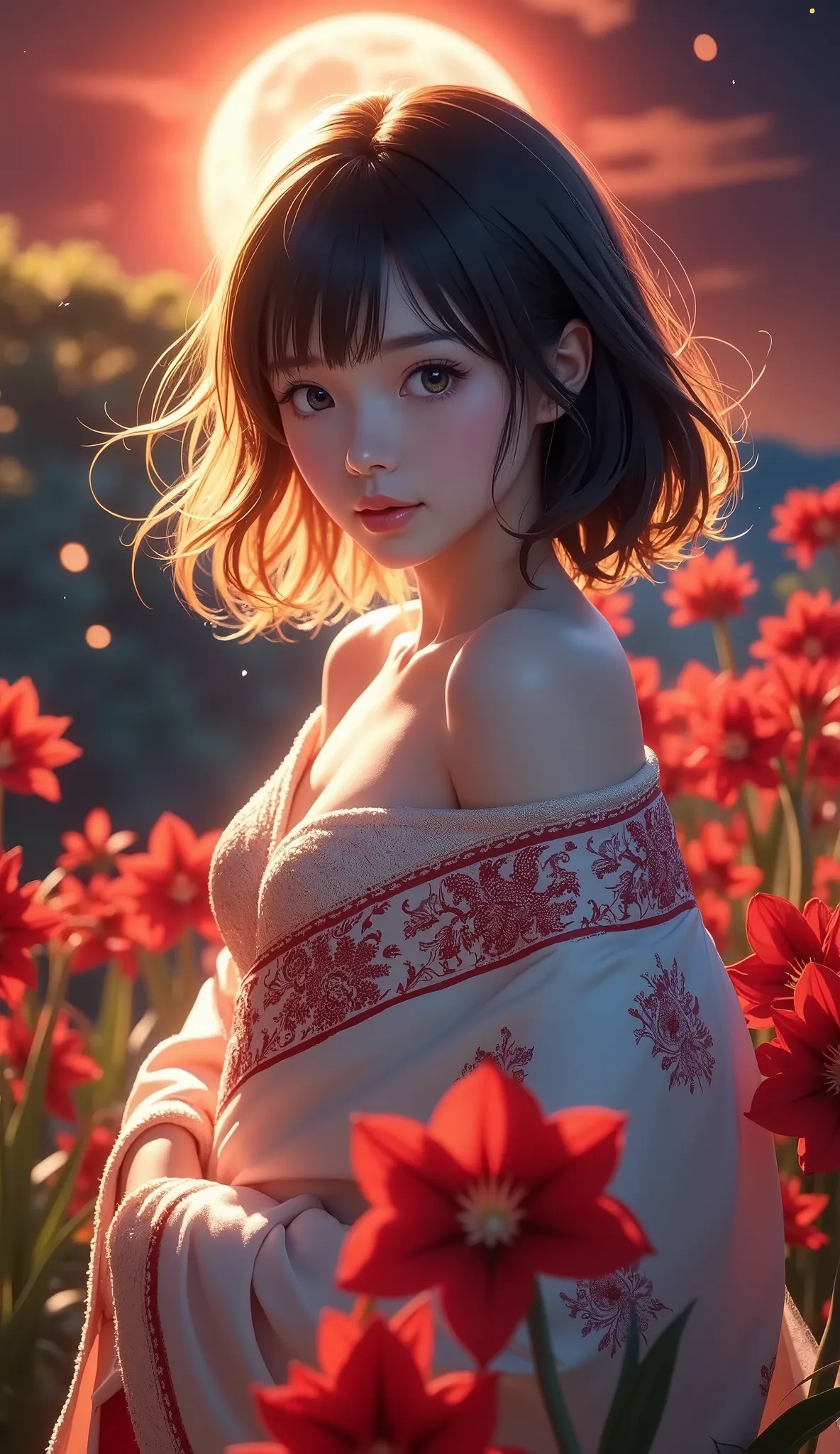 (A woman in a Chinese dress), fantastic, soft focus, moonlit night, red moon, bright red cluster amaryllis blooming all around.