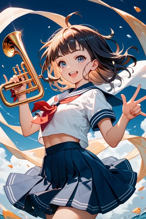 Jump with a smile while holding a trumpet、 Japanese high school girl。Don't show me the bare skin on your stomach。