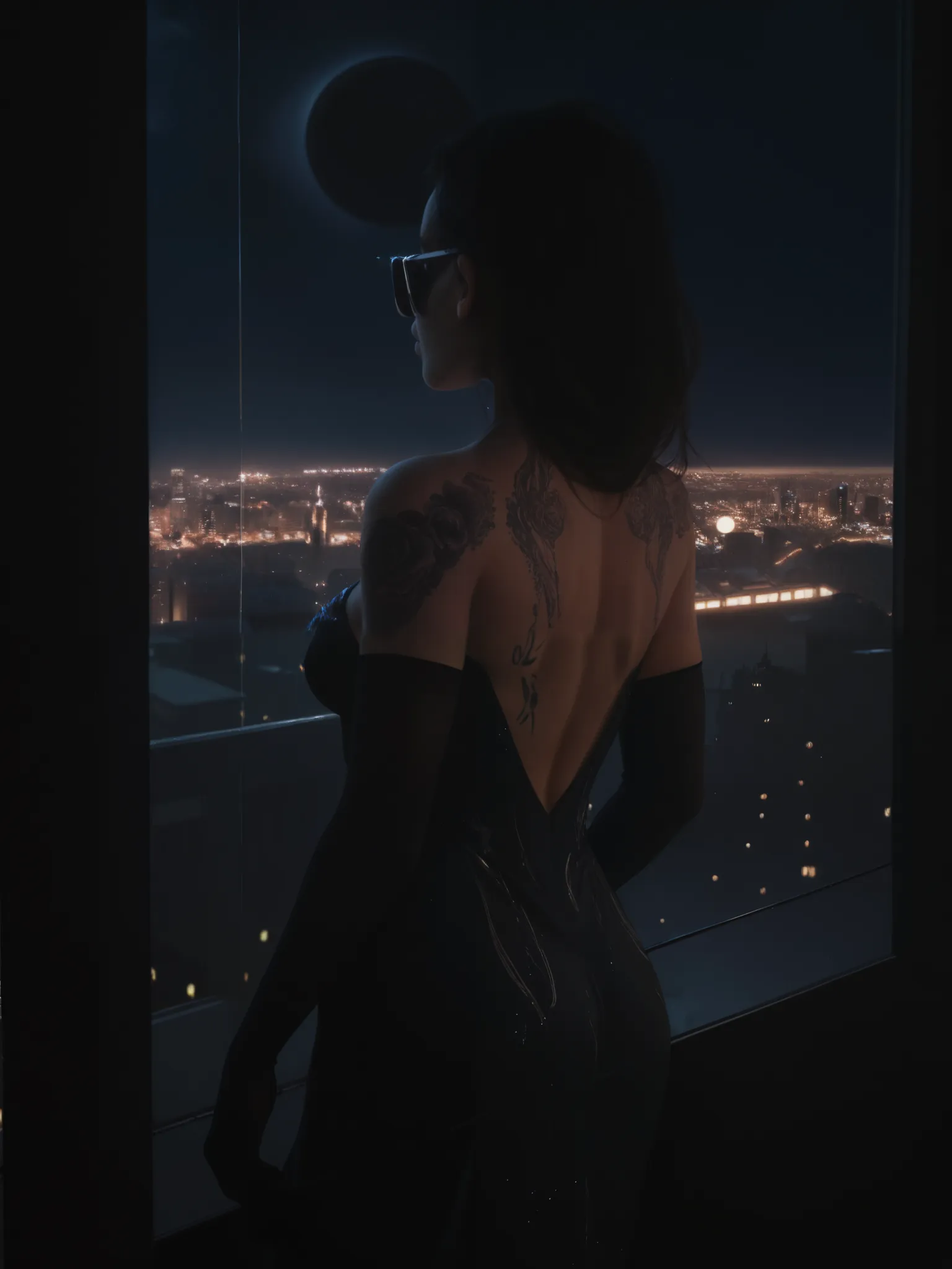  standing woman ,  turned back, Looking over my shoulder long tight dress, in a night cityscape. She wears a long and elegant dress,  with a deep neckline on the back . The dress has dark tones, probably blue and red. The woman has a visible tattoo on her ...