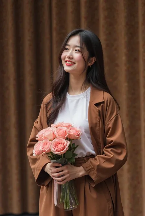 Beautiful Korean girl is at the award ceremony she stands and speaks and smiles into a  microphone and holds an award and beautifully packaged bouquet of pink roses in her hands she is wearing white basic T-shirt, brown oversize jacket, brown wide high-wai...