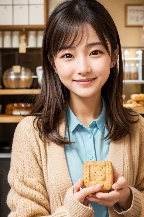 Photorealistic, cute Japanese woman (20) with cute cat, holding a golden-brown biscuit close to her lips with a playful smile, wearing a pastel cardigan, sunlight gently illuminating her face. The biscuit has a crispy texture with visible sugar granules, a...