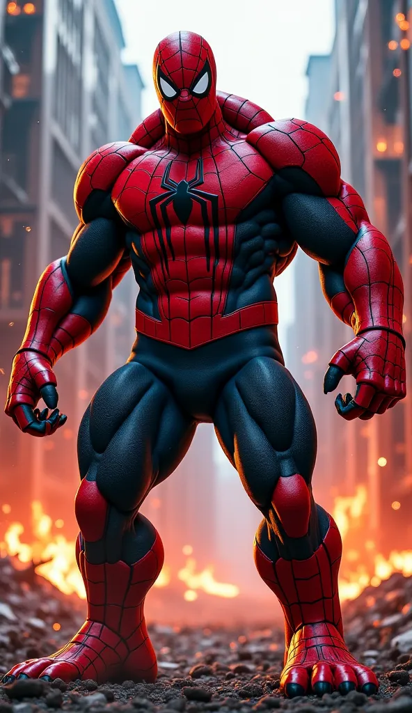 "Create a terrifying hybrid fusion of Spider-Man and Red Hulk, blending their most defining features into one monstrous entity. This creature should have the muscular, hulking frame and raw power of Red Hulk, but with Spider-Man's agility and web-like text...