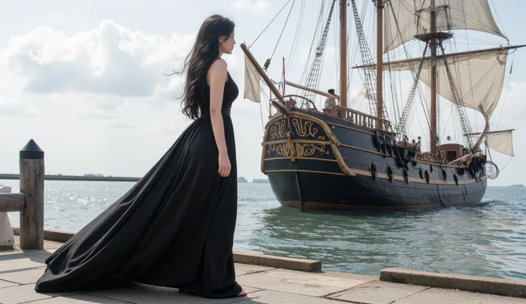 Side Close-up、Medieval port、beautiful woman with long black hair in a sleeveless long black dress standing on the pier、A huge wooden sailboat about to be published、Long black hair fluttering in the wind and the hem of the dress、 watercolor