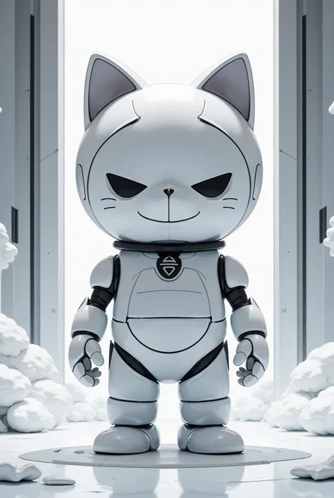 1.80 meter tall humanoid animatronic with cat ears with the Doraemon design but totally white with black details and no eyes.