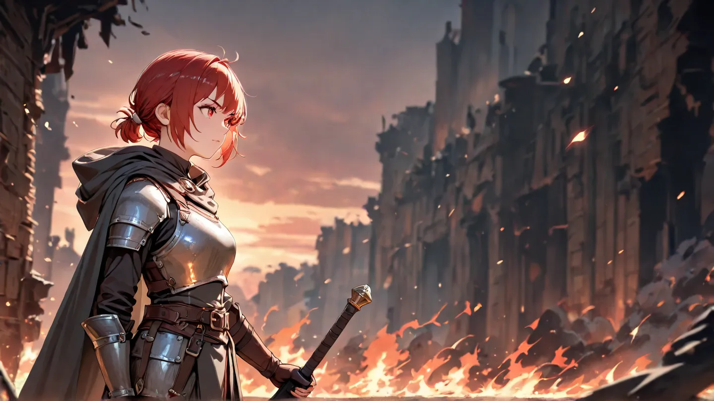  huge _very high resolution, high resolution,  masterpiece, recent, 1 female,  red hair tied,  red eyes, Greatsword, side view, Medieval Adventurer Outfit, lightweight armor, cloak, short hair, Burning Battlegrounds, Scattering flames, weapons, Fallen sold...