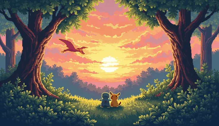 Pokemon pixel art in a deep forest with 2 pokemon looking at the sun at sunset with charizard flying in the background