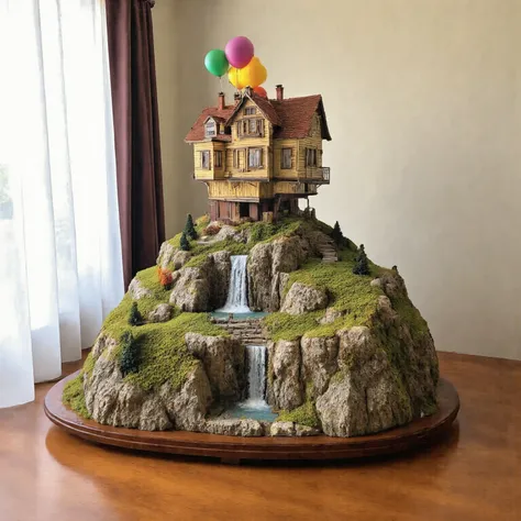 A highly detailed diorama set inspired by the movie 'UP.' The centerpiece is the iconic floating house, lifted by hundreds of colorful balloons. The house is beautifully crafted with vibrant colors, a small porch, and windows, just like in the film. Below,...