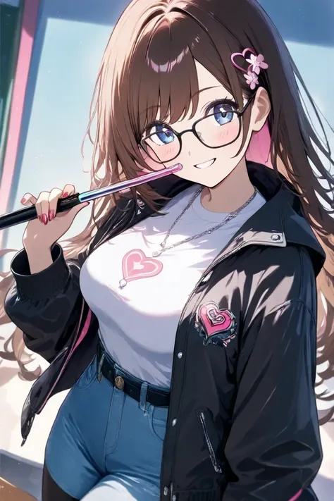 classroom　long brown hair　  pink flower hair ornament  　 medium breasts　pink heart sign　 denim hotpants　 black tights　 Black Down Jacket　 blushes, smiles,High Resolution, simple background, square black rimmed glasses　Holding a baton in hand