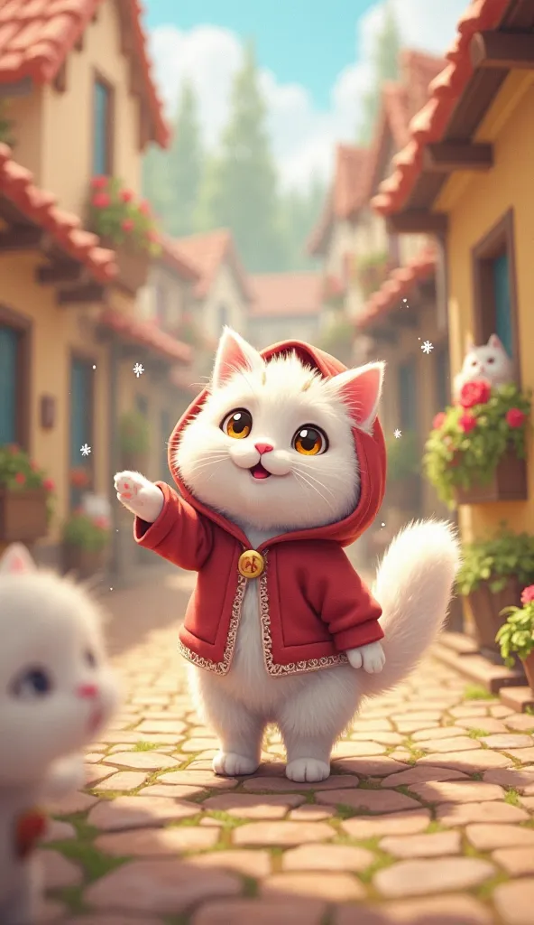 An anime-style fluffy white cat with large, expressive golden eyes and a tiny pink nose, wearing a beautifully detailed red hood with lace trim. The cat joyfully greets other fluffy white cats in a lively fairy-tale village. The cobblestone streets are lin...