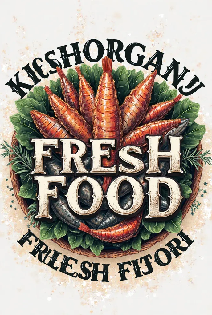 need online small dry fish shop logo name "KISHORGANJ FRESH FOOD" dry small fishs included the logo behind the text. "KISHORGANJ FRESH FOOD" text bold font