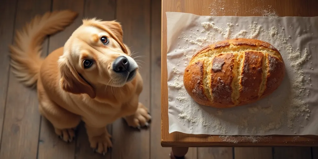 Realistic top-down shot of a dog on the floor looking at a loaf of bread on the table