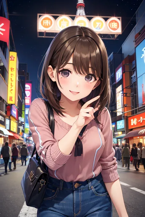 anegasaki nene、Shiny brown hair, (Beautiful brown eyes、Sparkling eyes, Fine grain)、smile、Ultra-detailed eyes、Highly detailed face, Highly detailed eyes,Cowboy Shot、 (masterpiece, Highest quality:1.1), (Argyle check knit、Denim pants),Flat Color,(two),Cute F...