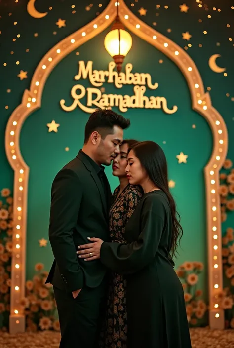 Ramadhan-themed photo booth with graceful Islamic decoration. A pair of lovers hugged each other and by his side was another woman who was his best friend, all of them are asians, standing facing the camera in a sorry pose of ancient Indonesia. The backgro...