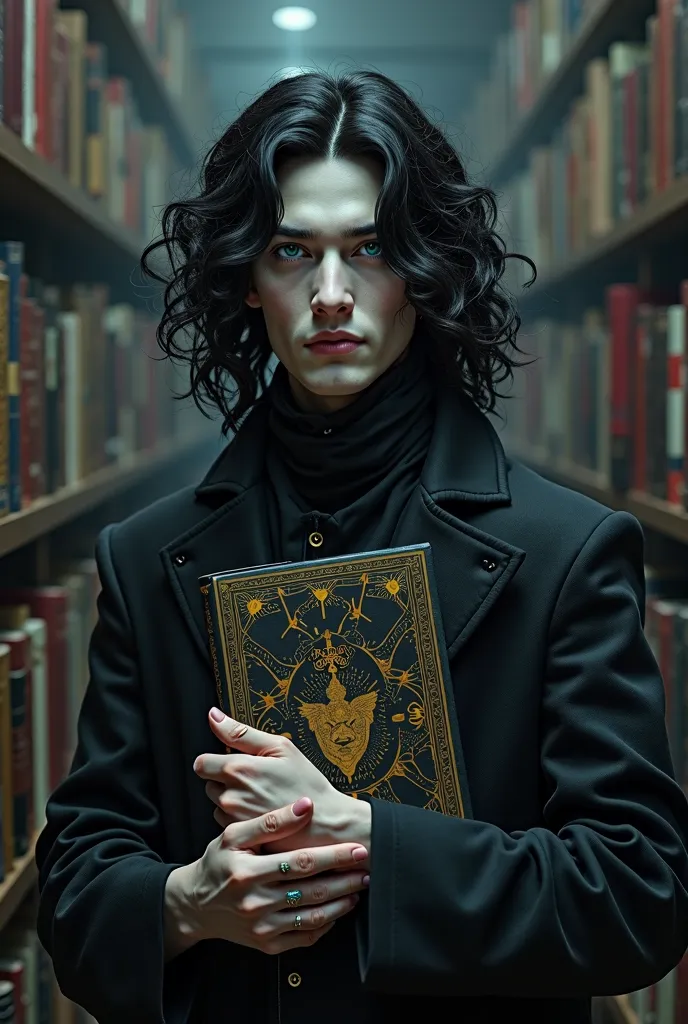 Create a male library of ca. 35-year-old librarian with pitch black, longer,curly hair. He has two different colored eyes. He has a book in his arms. He's wearing a white shirt