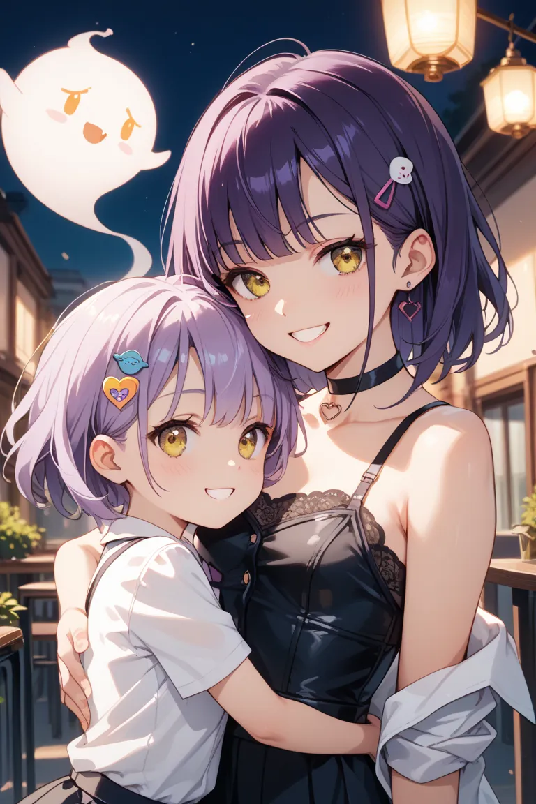  girls on the left,147cm,About junior high school age,purple short bob, yellow eyes,roll up the black string ribbon on both sides of the head,ghost hairpin, Black Choker, small tits,smile