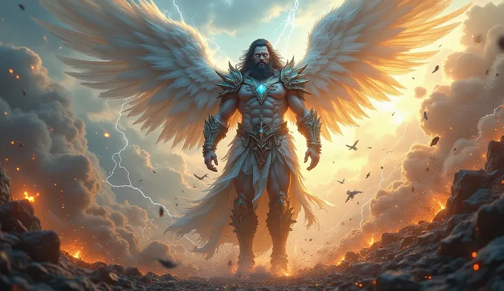 giant white skin light blue eyes black hair and beard and very muscular FIGHTING ANGELS SPARKS SMOKE FIRE AND LIGHTNING