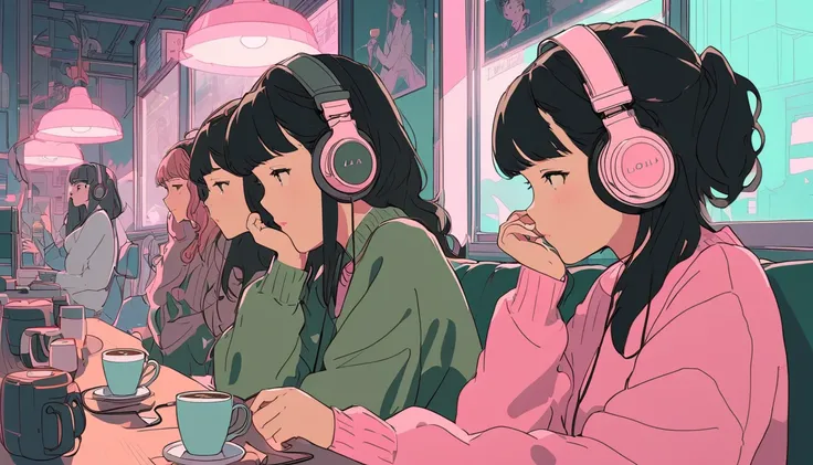  ４ｋ,high quality,Greatest Masterpiece,Listening to jazz music with headphones。 girls on the left,Girl drinking hot coffee while listening to jazz music with headphones ,  {{lofi art style}}, 一人の高貴な girls on the left aesthetic, Gai Lan, anime style,  feelin...