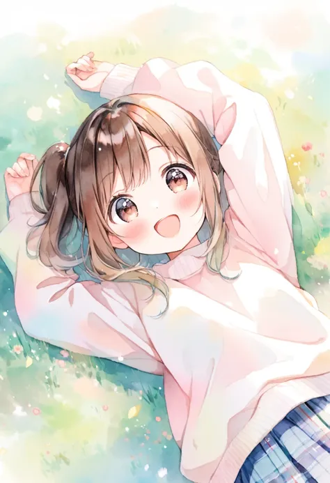 (ultra detailed:0.7), cover image, (soft pastel tones, watercolor, (bright color:1.3), transparent, gradation, harmonious and calm atmosphere:1.1), 
1girl, , Elementary school girl, brown hair, big eyes, black eyes, ((red round eyewear)), side ponytail, sm...