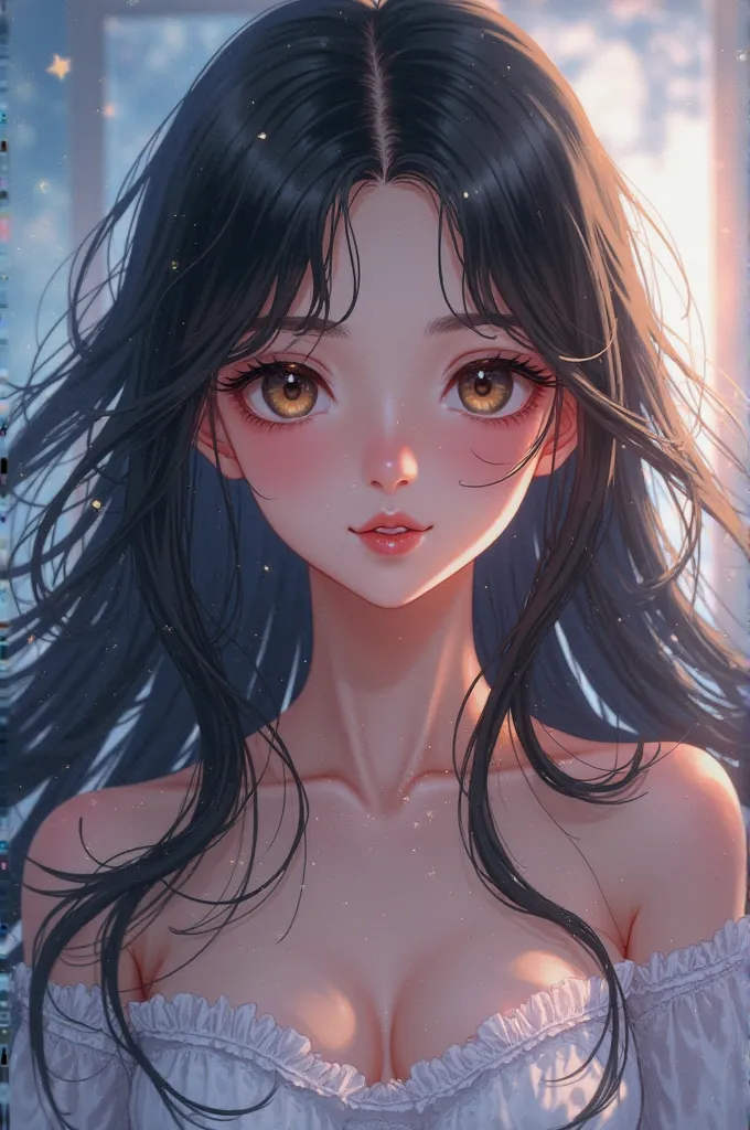 Create a girl with long black hair with waves at the ends with an angelic face and dark brown eyes and full lips anime version 