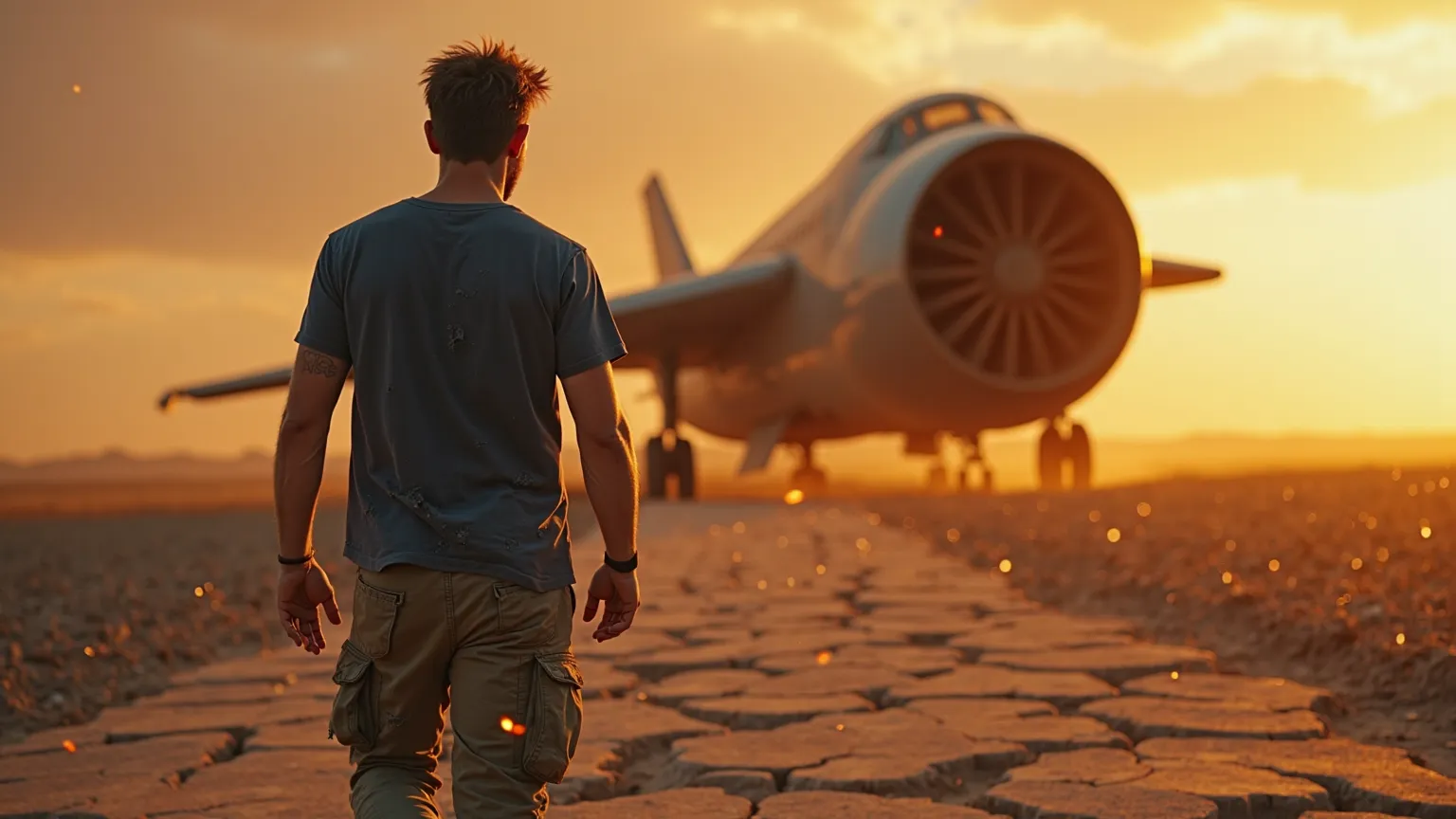 A rugged, battle-worn man in a dark blue, tattered T-shirt and cargo pants strides forward, his gaze locked on a massive, inactive jet engine. The wind sweeps through his spiky hair, making his torn clothes ripple. The cracked, rocky terrain stretches bene...