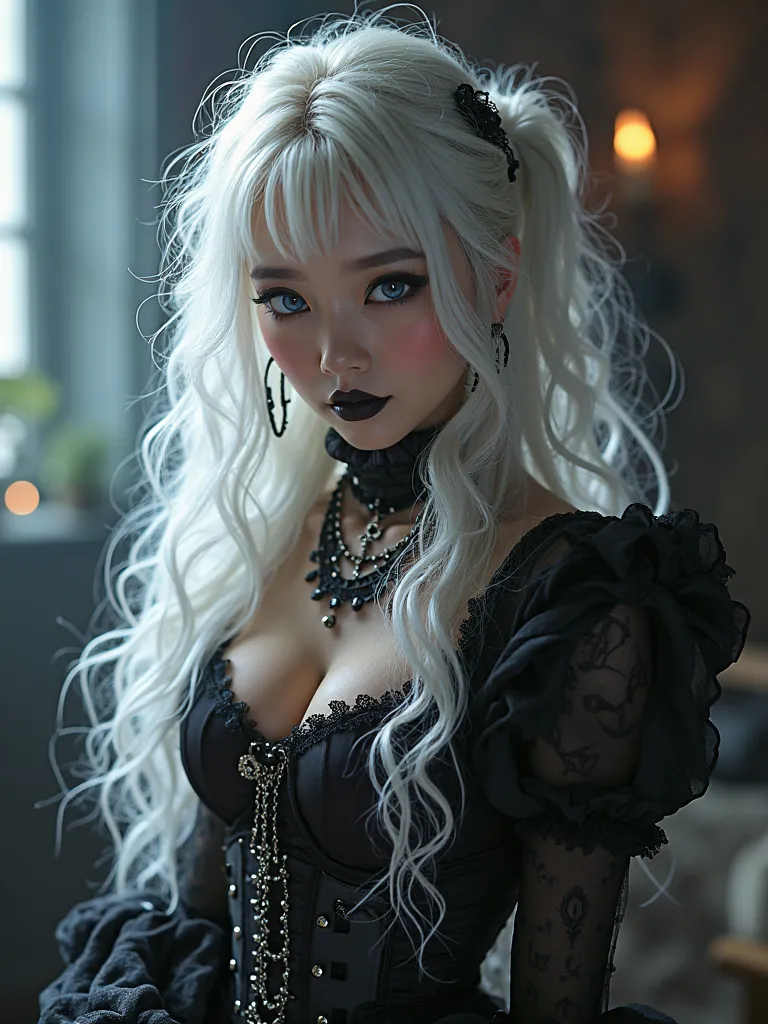  A gothic punk goth girl, Full body shot, perfect face, beautiful Asian woman with long White hair in White curls and coils, very cute and beautiful girl, (highly detailed beautiful face), high detailed fingers, (Purple Gothic Maid dress and black corset w...