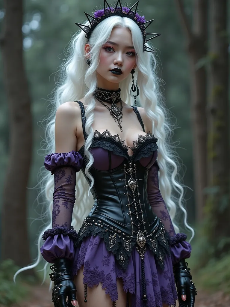  A gothic punk goth girl, Full body shot, perfect face, beautiful Asian woman with long White hair in White curls and coils, very cute and beautiful girl, (highly detailed beautiful face), high detailed fingers, (Purple Gothic Maid dress and black corset w...