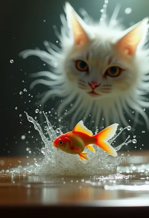 Video of clear liquid bursting off、one goldfish is on a rampage about to die in the liquid、Collapsing transparent cat face、