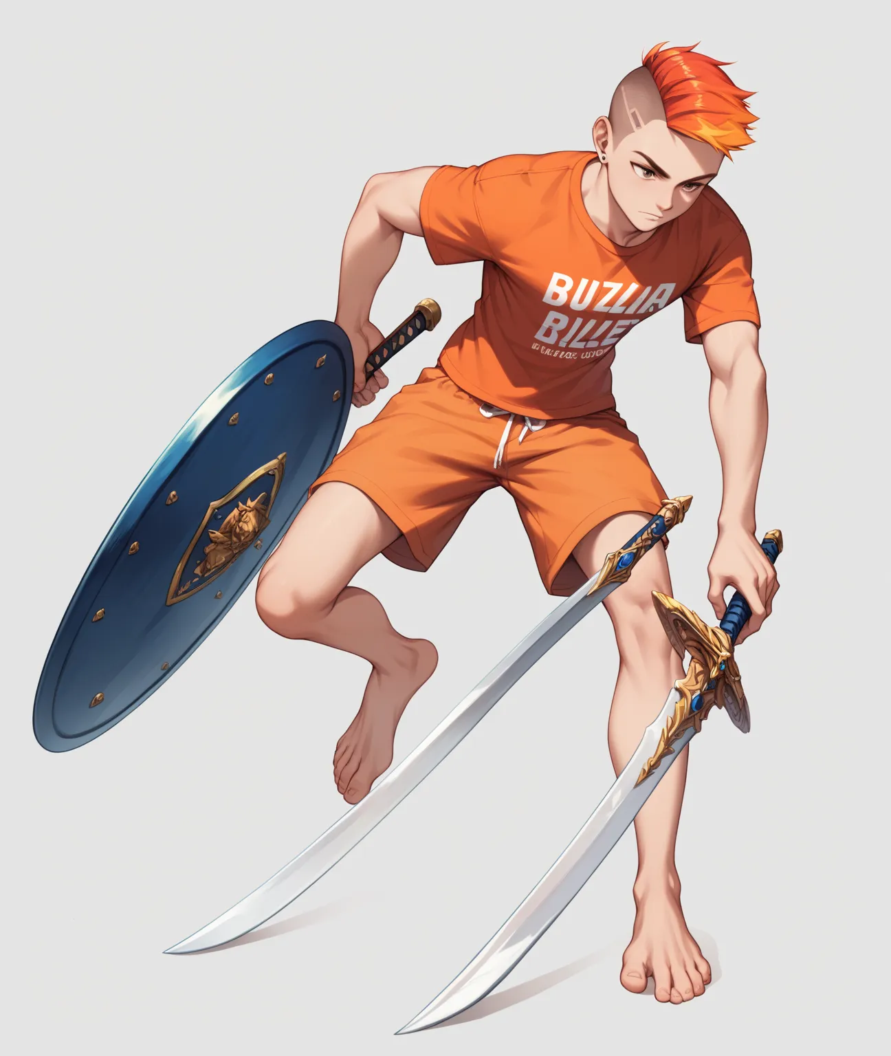 1 boy, short body, orange colored hair, buzz cut hair style, T shirt, shorts, bare feet, holding a shield and a sword, full body, simple background
