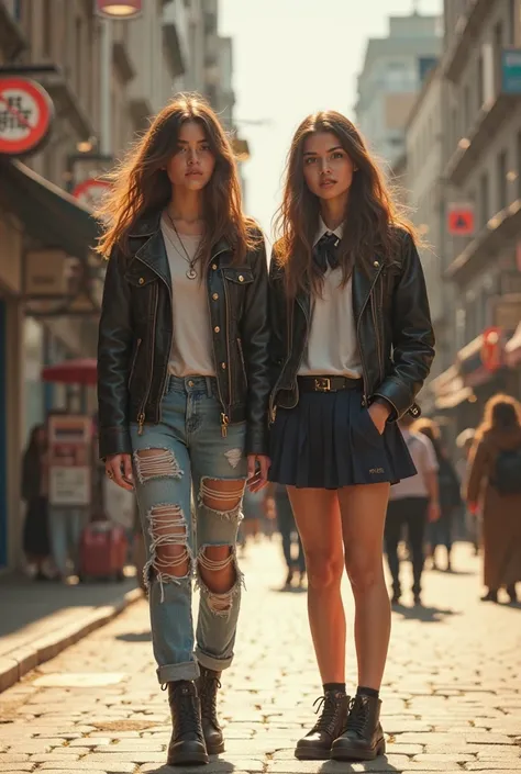 18 years old twin girls, caucasian, brunette, one grunge the other school uniform in thr steeet at day light