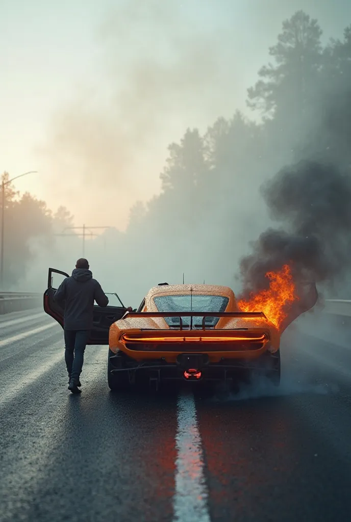 Racing car accident on the highway all covered in a fog of smoke. From the open door of an orange modern race car on the driver's side, the door is open, two friends pull out the body. The driver is rescued from a burning car. two people pull a third out o...