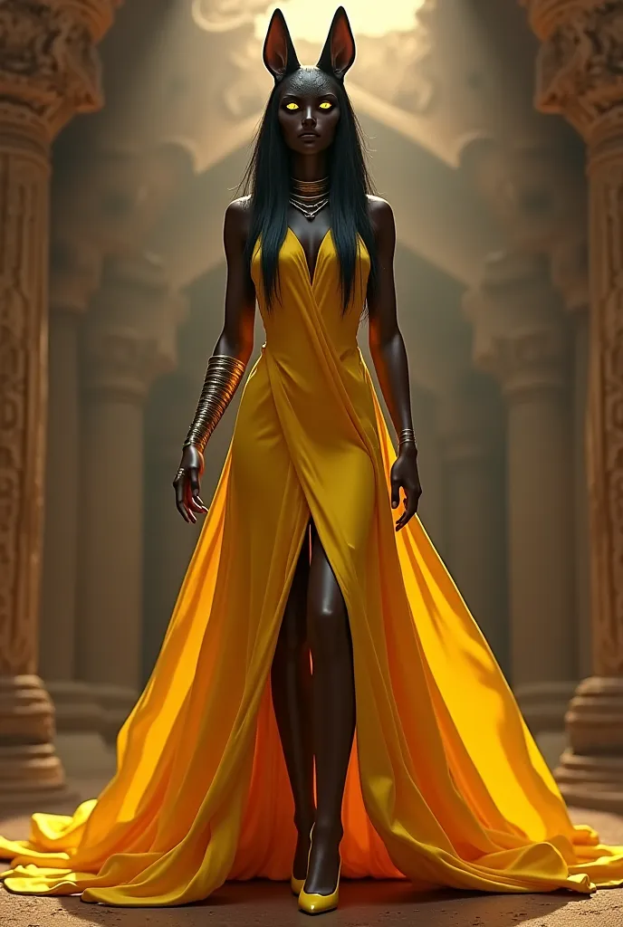 Female Anubis with arms spread apart legs black long hair yellow eyes wearing long yellow dress yellow high heels standing in A-Pose