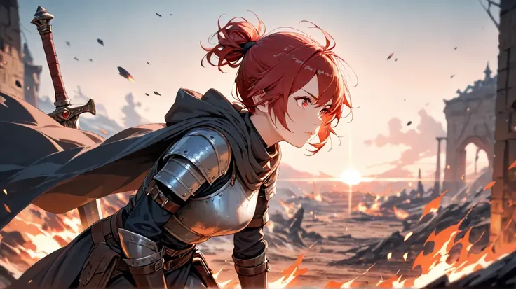  huge _very high resolution, high resolution,  masterpiece, recent, 1 female,  red hair tied,  red eyes, Greatsword, side view, Medieval Adventurer Outfit, , light armor, cloak, short hair, Burning Battlegrounds, Scattering flames, weapons, Fallen soldiers...