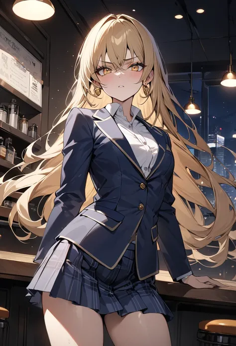 ((Greatest Masterpiece,Ultra High Quality:1.2)),(super resolution),(solo),cowboy shot,Night Cafe,Slender, small-breasted Yankee high school girl, beautiful face, long golden hair,perfect golden eyes, serious expression, high quality dark blue blazer ,white...