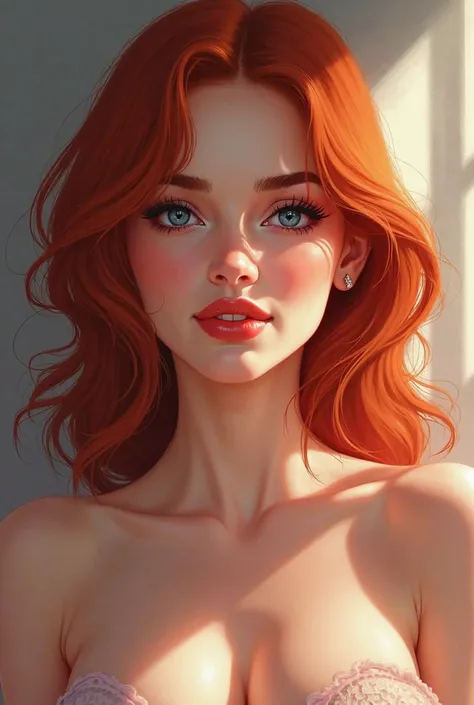 Graphic illustration of a smiling woman with red hair and blue eyes, glamour et sexy, The well-lit face 