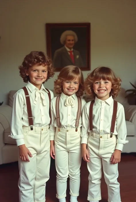 United States of America, California, Los Angels, in 1970. 2. living room, in 1970. 3. three ren, triplets, with curly hair, wearing white pants, white long-sleeved shirt, white shoes, white kitten tie, white and brown male suspenders, smiling, standing in...