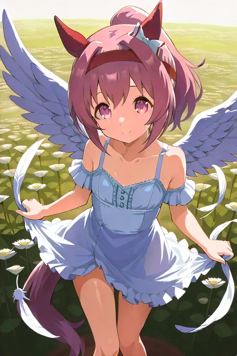 UMAHU ,horse ears,red ear covers,white hairbow,red headband,pink hair,ponytail,pink eyes,horse tail、flat  chest ,Angel Wings、lots of、 feather dancing 、null、Flower Field、 Fantastic