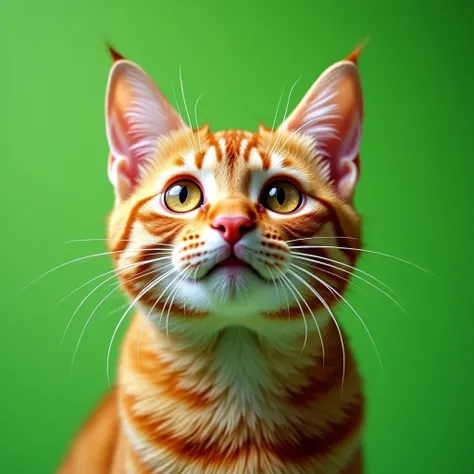 Head of orange cat, the cat look in awe, the cat seems like looking at the monitor, the background is greenscreen