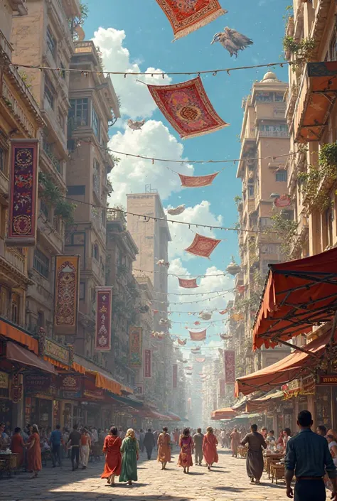 City road with flying carpets 