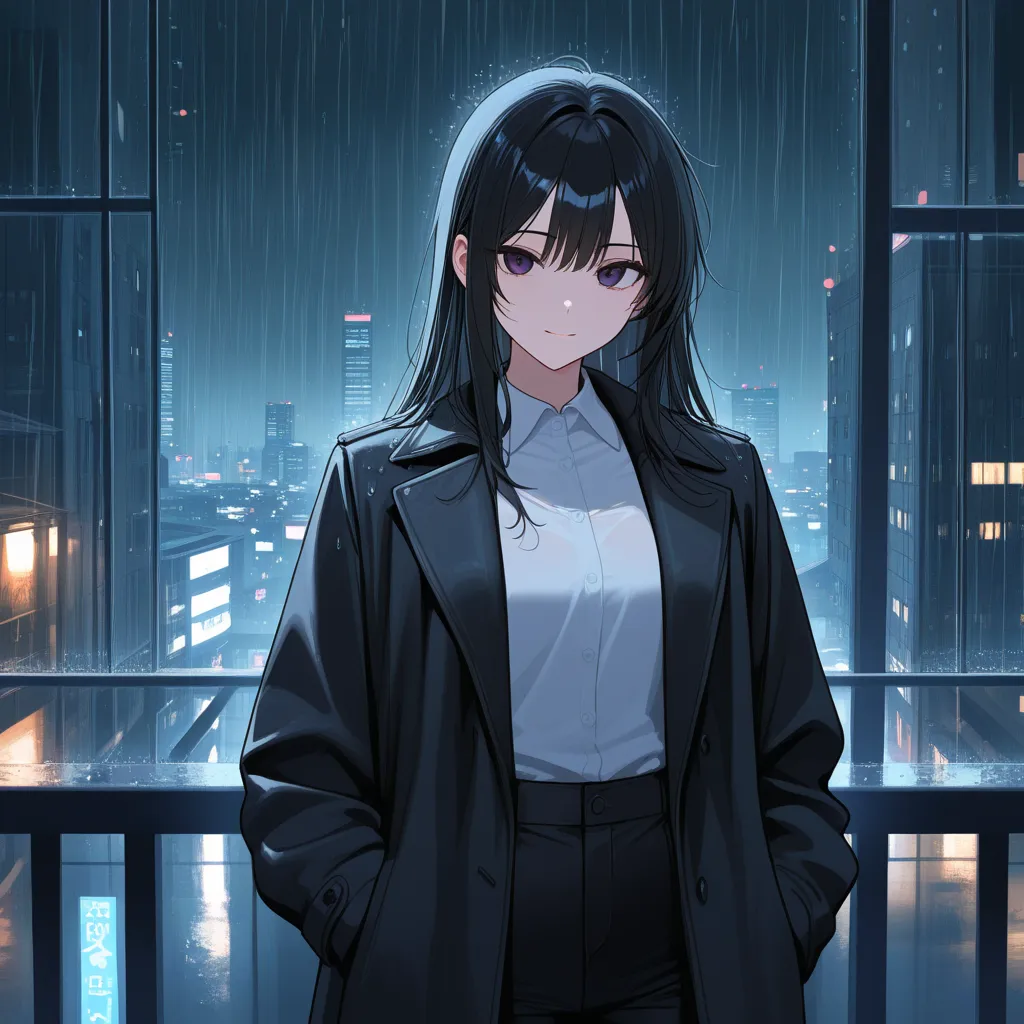   old girl、cool girl、 cool series、long hair、cool clothes 、black coat、The background is rain、Wet your hair