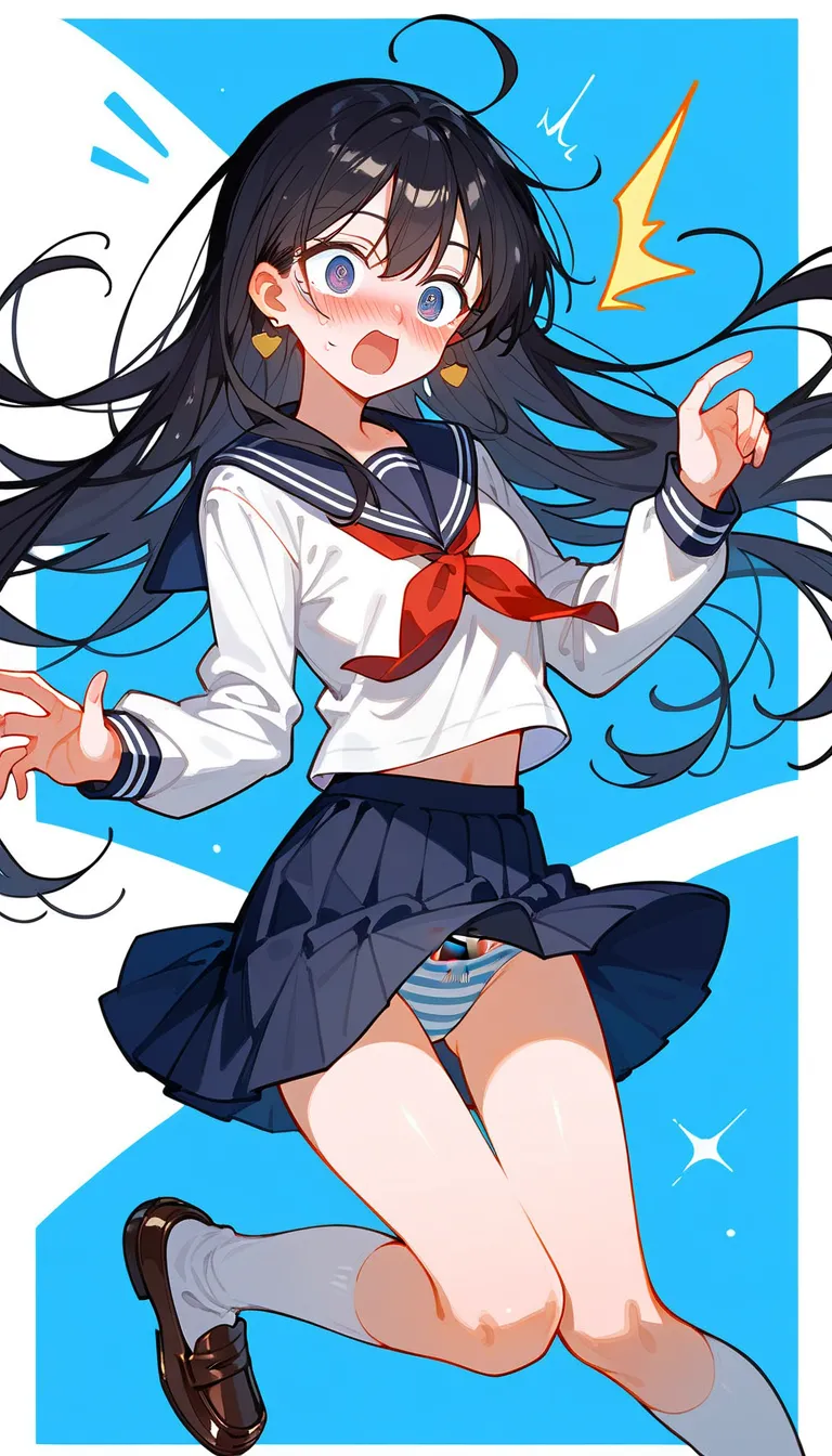 (beautiful girl : 1.3),1 girl,(sailor suit, Long Sleeve,skirt,earrings, striped underwear ,high socks,loafers, pubic hair), black hair,Long Hair, surprised, is embarrassing,blush,Strong winds,風でskirtがめくれる,School route,masterpiece,Highest quality,Ultra High...