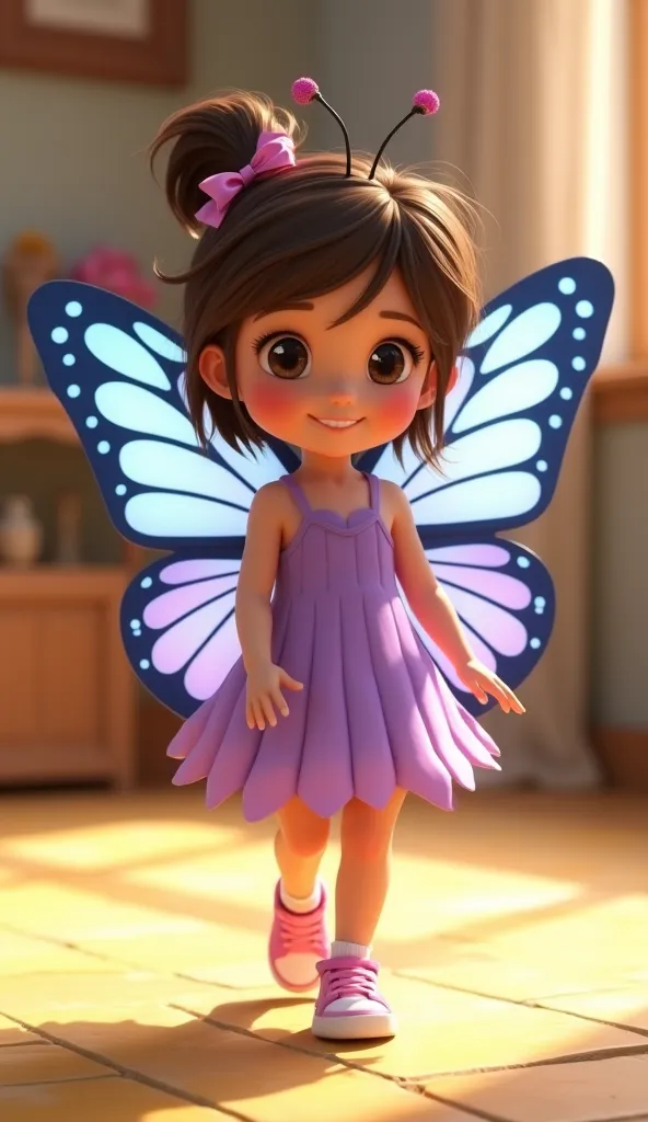 A beautiful  girl,  short brown hair tied in a small ponytail, brown eyes,  fair skin, wearing a butterfly costume, with wings in shades of blue and lilac, Lilas dress with a bow in her hair with small antennas, pink sneakers, Stepping on a Pixar-style yel...