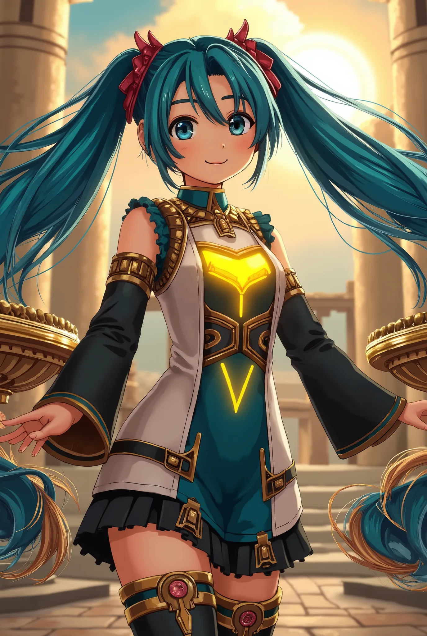 ( masterpiece、Highest quality、Highest quality、Official Art、 beautiful and beautiful :1.2)、(one girl:1.3) Hatsune Miku、twin tails,beautiful breasts,( masterpiece, top quality,great quality, is so beautiful, is ridiculous, High Resolution,   latest:1), maste...