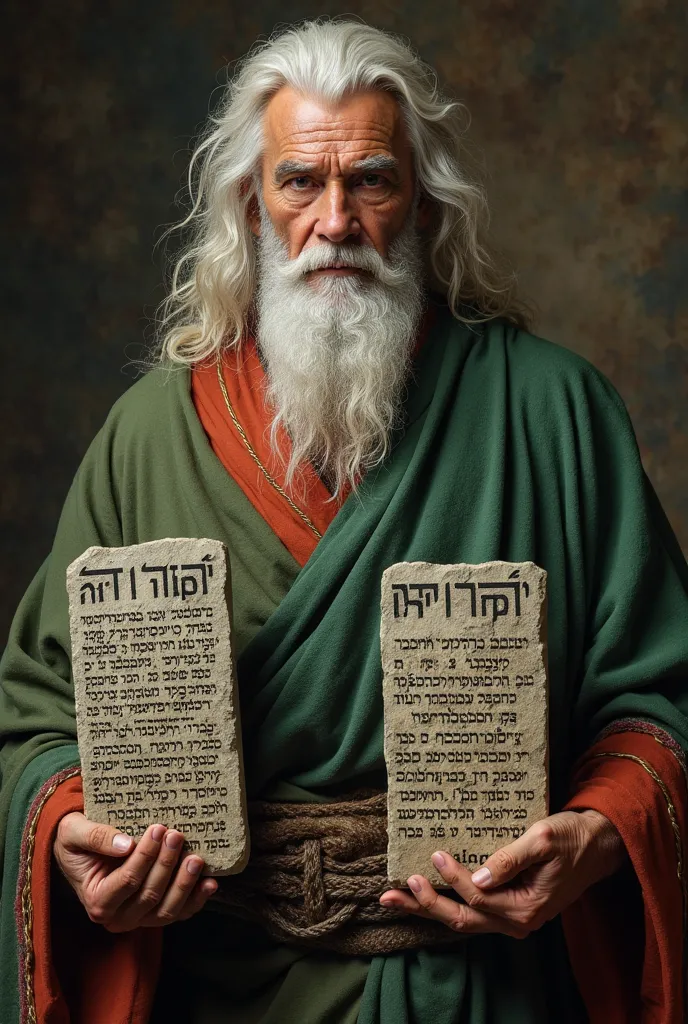 God with beard and white hair with (2) two large stone tablets of the Ten Commandments written in Hebrew. forest green tunic, with a red terracotta band, details about the stone in Hebrew . Front plane scene, invoking supreme power, force and reverence.   ...