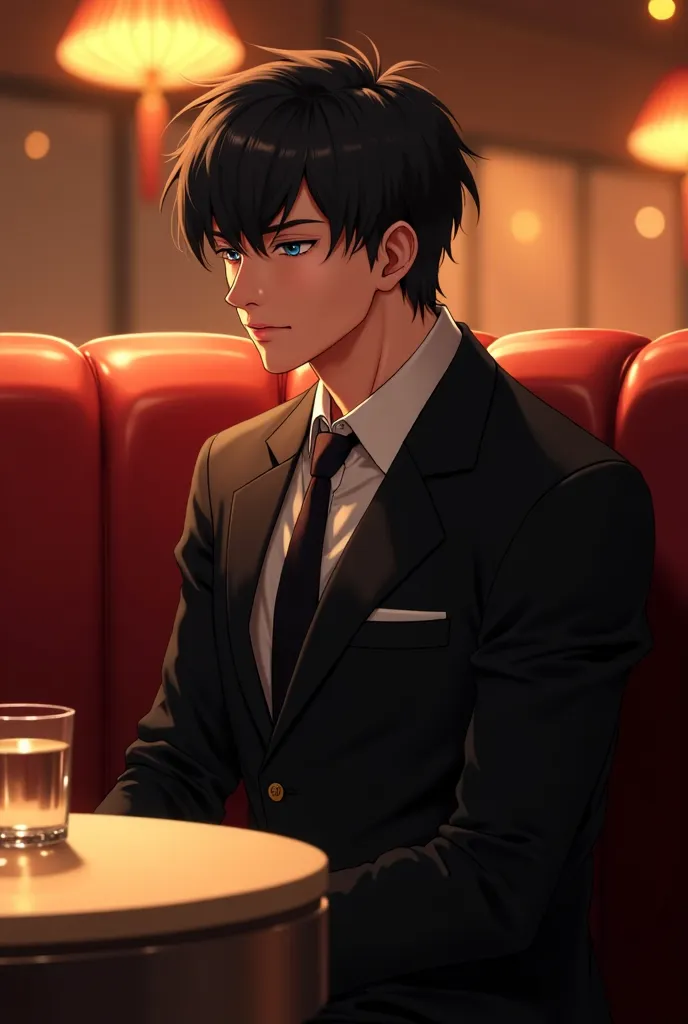 A handsome anime young man with white hair sat alone in a plush leather booth, exuding an effortless air of authority. His presence commanded silent respect—whether from the hushed whispers of the staff or the refined elegance of the restaurant’s decor, wh...